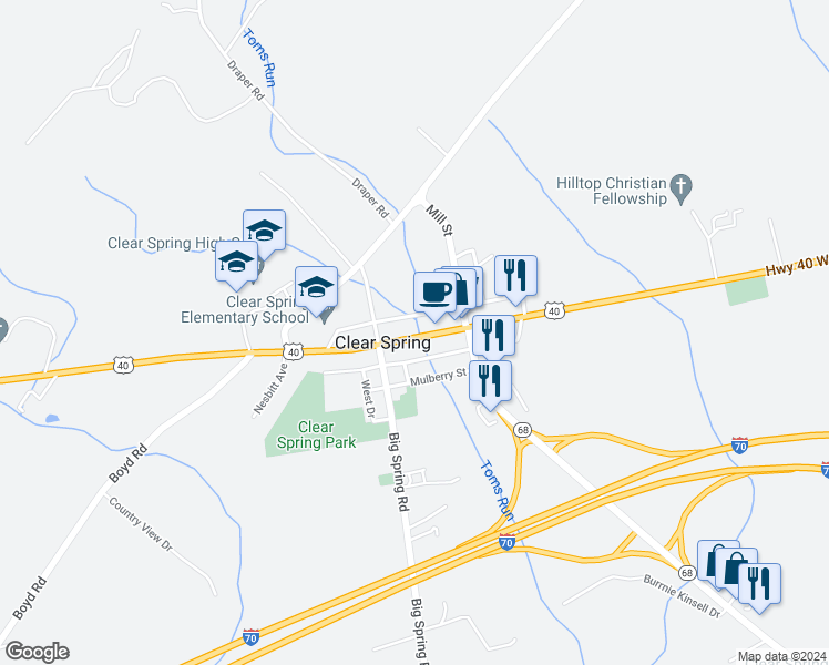 map of restaurants, bars, coffee shops, grocery stores, and more near 132 Cumberland Street in Clear Spring