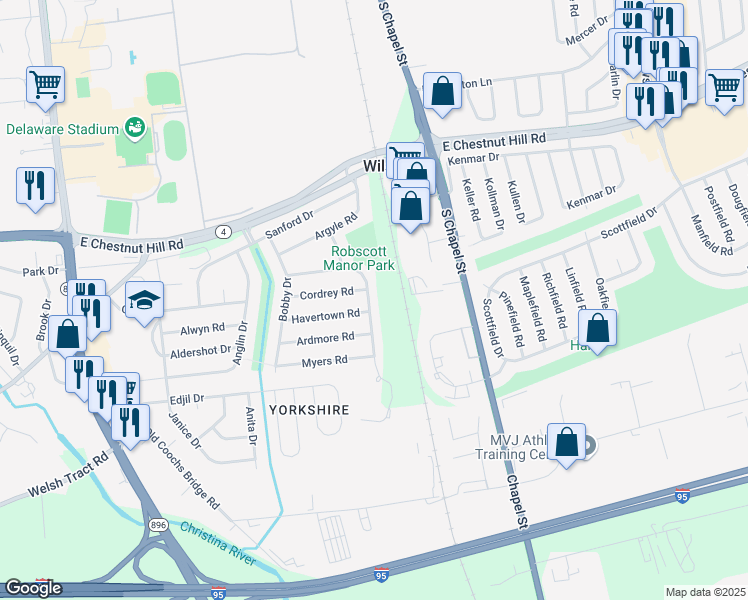 map of restaurants, bars, coffee shops, grocery stores, and more near 36 Gill Drive in Newark