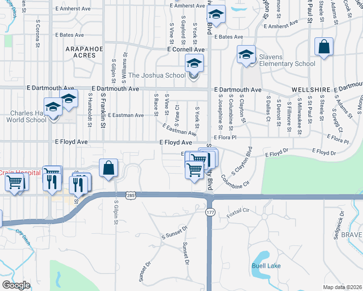 map of restaurants, bars, coffee shops, grocery stores, and more near 2131 East Floyd Avenue in Englewood