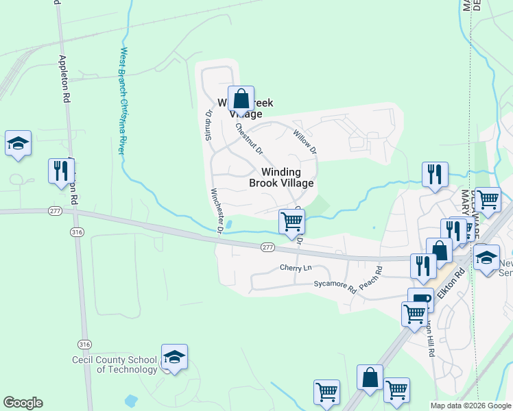 map of restaurants, bars, coffee shops, grocery stores, and more near 50 Cimarron Circle in Elkton