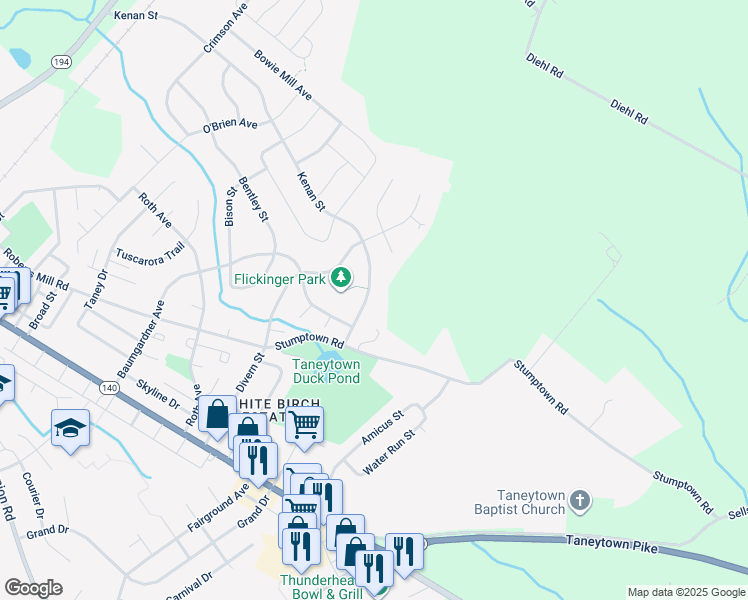 map of restaurants, bars, coffee shops, grocery stores, and more near 80 Kenan Street in Taneytown