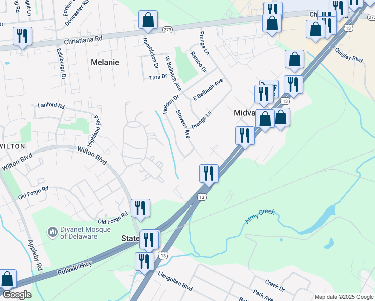 map of restaurants, bars, coffee shops, grocery stores, and more near 7 Stevens Avenue in New Castle