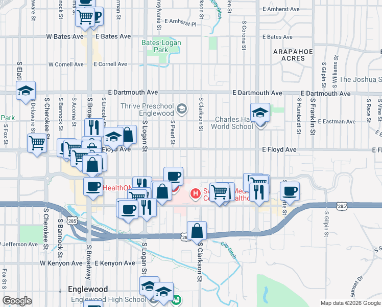 map of restaurants, bars, coffee shops, grocery stores, and more near 3300 South Washington Street in Englewood