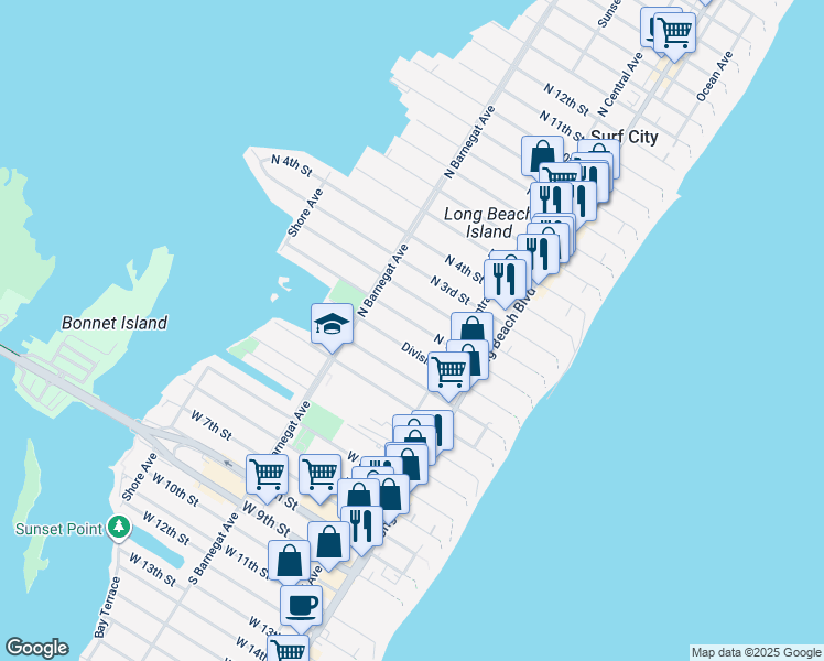 map of restaurants, bars, coffee shops, grocery stores, and more near 249 North 1st Street in Surf City