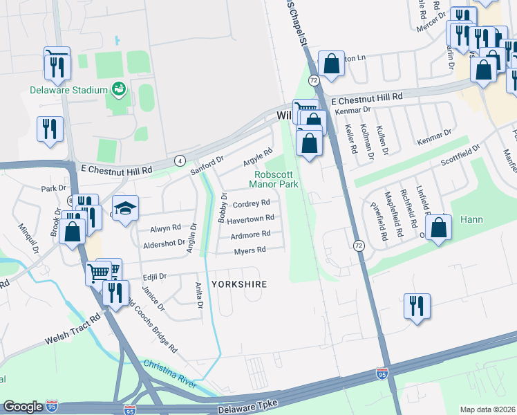 map of restaurants, bars, coffee shops, grocery stores, and more near 4 Cordrey Road in Newark