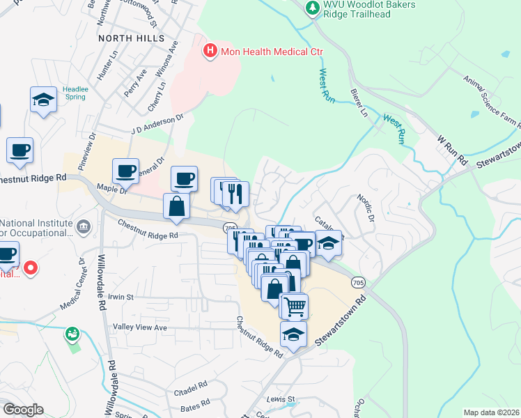 map of restaurants, bars, coffee shops, grocery stores, and more near 2713 Suncrest Village in Morgantown