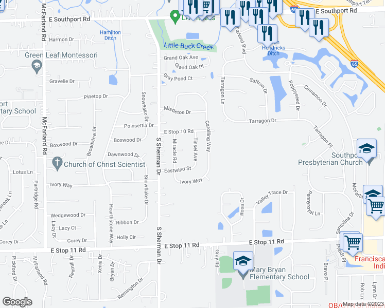 map of restaurants, bars, coffee shops, grocery stores, and more near 7606 Tinsel Avenue in Indianapolis