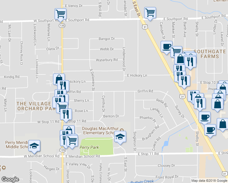 map of restaurants, bars, coffee shops, grocery stores, and more near 339 Griffin Road in Indianapolis