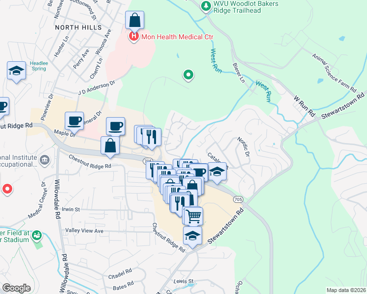 map of restaurants, bars, coffee shops, grocery stores, and more near 2524 Suncrest Village in Morgantown