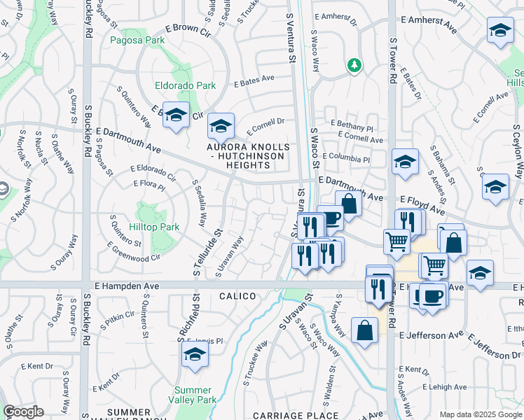 map of restaurants, bars, coffee shops, grocery stores, and more near 17815 East Greenwood Drive in Aurora