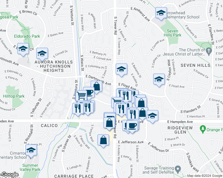 map of restaurants, bars, coffee shops, grocery stores, and more near 3238 South Yampa Way in Aurora