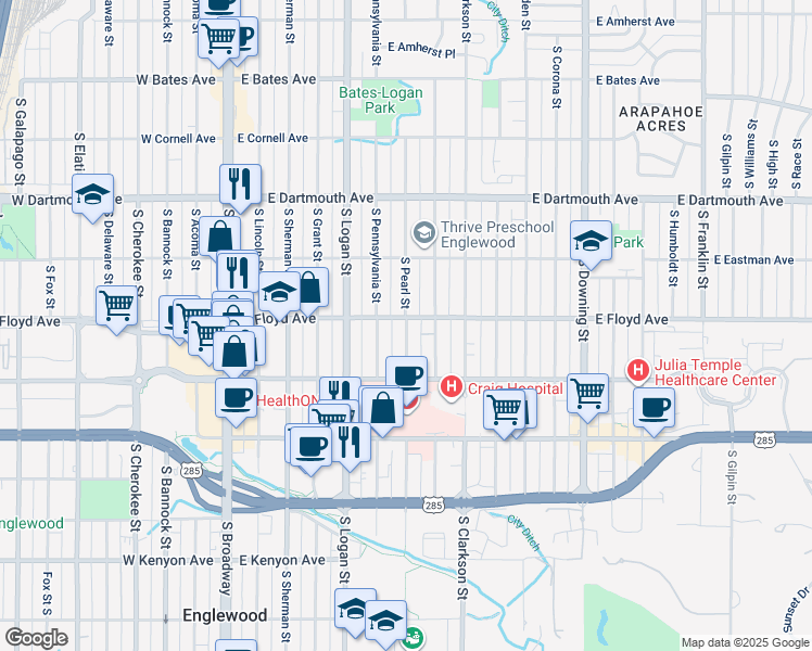 map of restaurants, bars, coffee shops, grocery stores, and more near 3296 South Pearl Street in Englewood