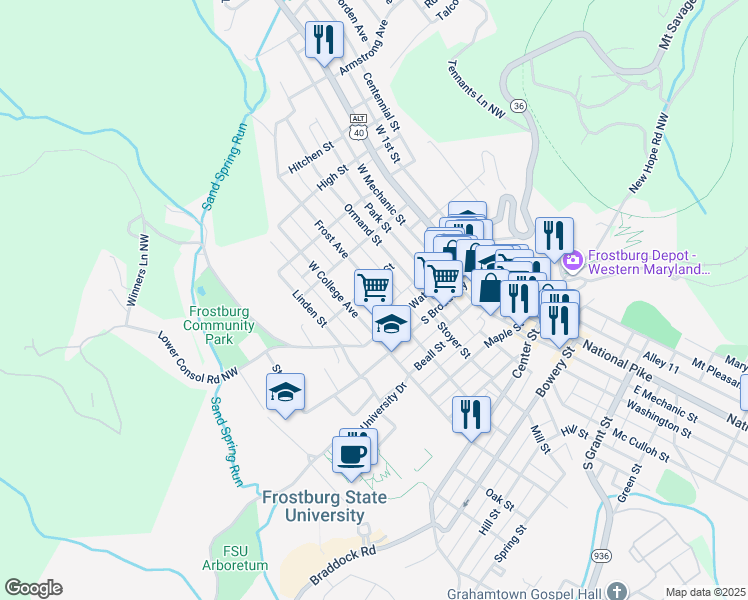 map of restaurants, bars, coffee shops, grocery stores, and more near 32 Frost Avenue in Frostburg