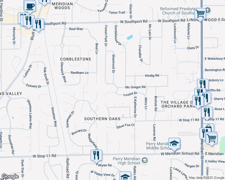 map of restaurants, bars, coffee shops, grocery stores, and more near 750 Sandalwood Drive in Indianapolis