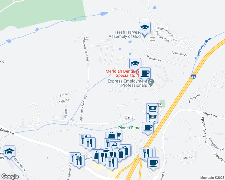 map of restaurants, bars, coffee shops, grocery stores, and more near 98 Ann Marie Drive in Morgantown