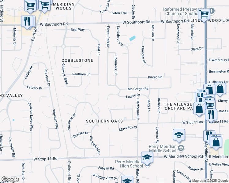 map of restaurants, bars, coffee shops, grocery stores, and more near 750 Sandalwood Drive in Indianapolis