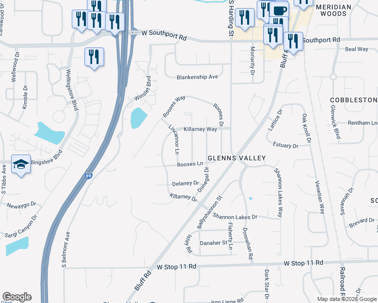 map of restaurants, bars, coffee shops, grocery stores, and more near 7439 Monaghan Lane in Indianapolis