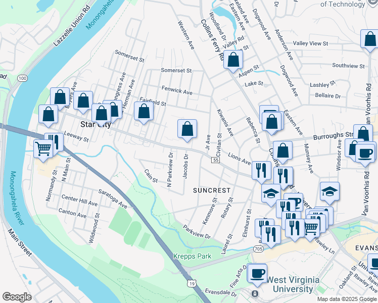 map of restaurants, bars, coffee shops, grocery stores, and more near 3312 University Avenue in Morgantown