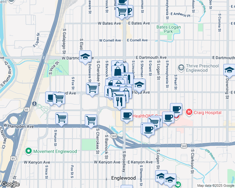 map of restaurants, bars, coffee shops, grocery stores, and more near 3295 South Broadway in Englewood