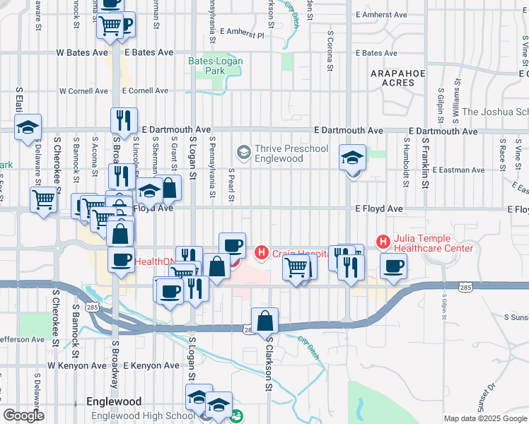 map of restaurants, bars, coffee shops, grocery stores, and more near 725 East Floyd Avenue in Englewood