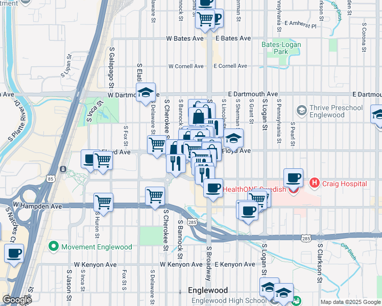 map of restaurants, bars, coffee shops, grocery stores, and more near 3270 South Bannock Street in Englewood