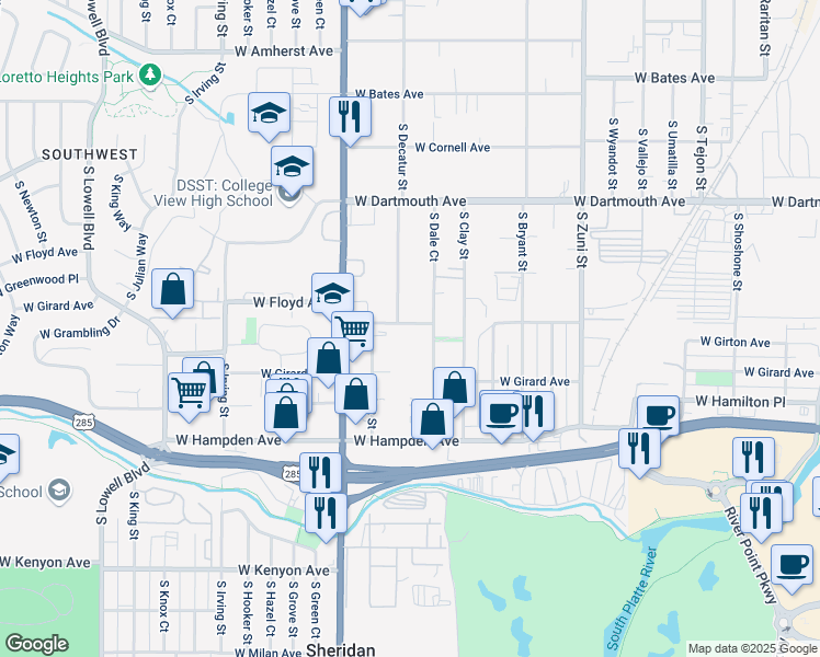 map of restaurants, bars, coffee shops, grocery stores, and more near 2751 West Floyd Avenue in Englewood