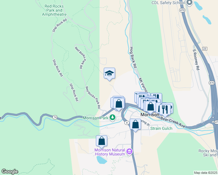 map of restaurants, bars, coffee shops, grocery stores, and more near 17199 Colorado 74 in Morrison