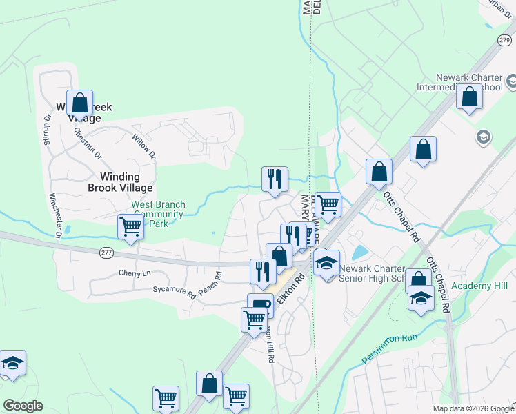 map of restaurants, bars, coffee shops, grocery stores, and more near 35 Mule Deer Court in Elkton