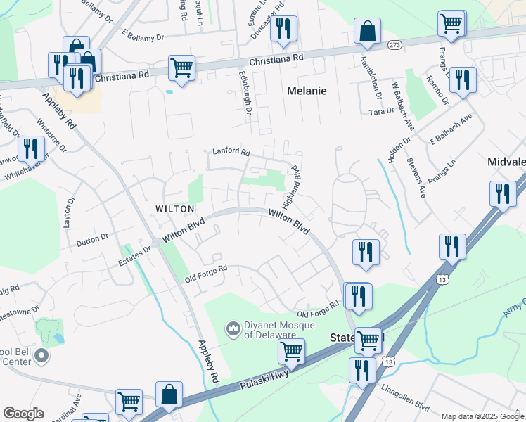 map of restaurants, bars, coffee shops, grocery stores, and more near 398 Bedford Lane in New Castle