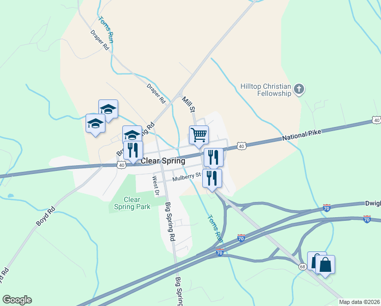 map of restaurants, bars, coffee shops, grocery stores, and more near 156 Cumberland Street in Clear Spring