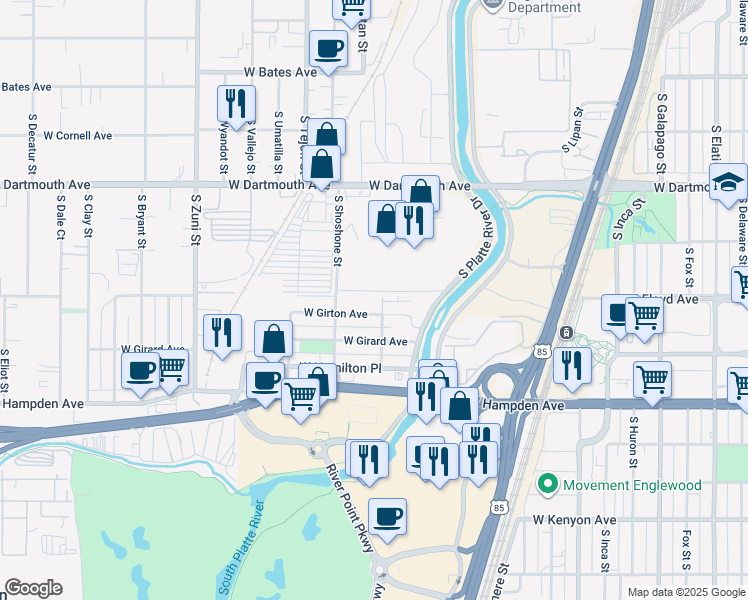 map of restaurants, bars, coffee shops, grocery stores, and more near 3245 South Platte River Drive in Englewood