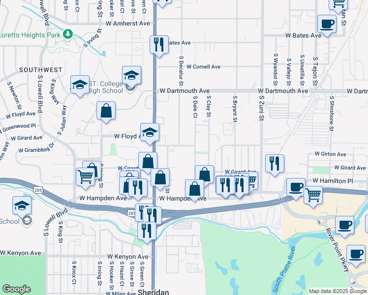 map of restaurants, bars, coffee shops, grocery stores, and more near 2751 West Floyd Avenue in Englewood