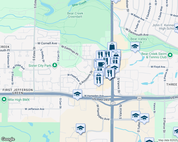 map of restaurants, bars, coffee shops, grocery stores, and more near 3325 South Ammons Street in Lakewood