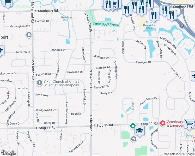 map of restaurants, bars, coffee shops, grocery stores, and more near 7535 Miracle Road in Indianapolis