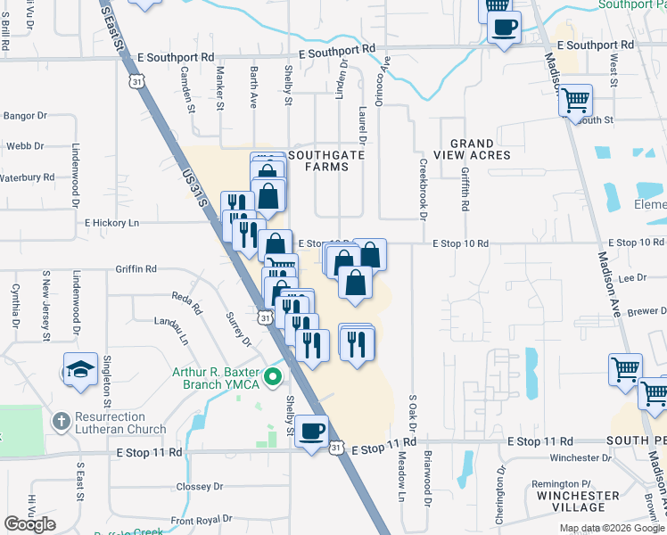 map of restaurants, bars, coffee shops, grocery stores, and more near 1195 Priority Place in Indianapolis
