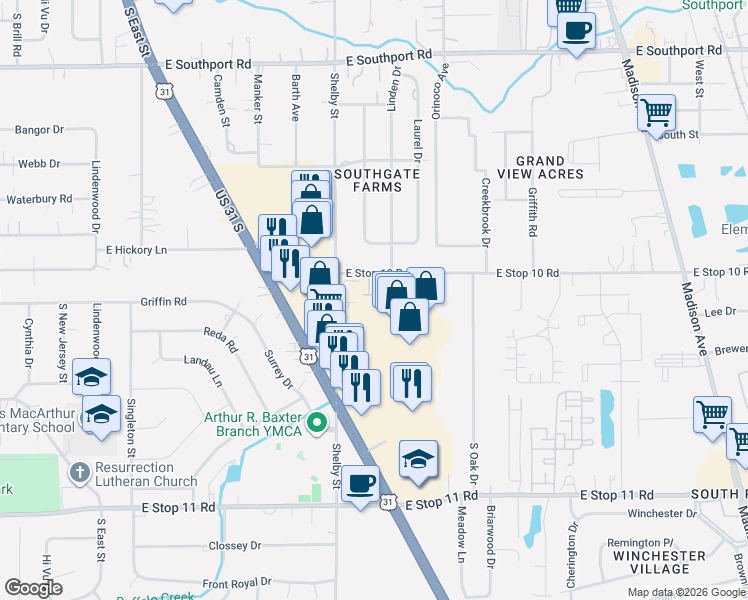 map of restaurants, bars, coffee shops, grocery stores, and more near 1195 Priority Place in Indianapolis