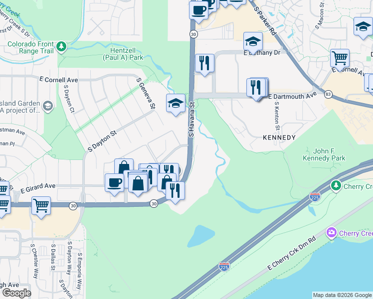 map of restaurants, bars, coffee shops, grocery stores, and more near in Denver