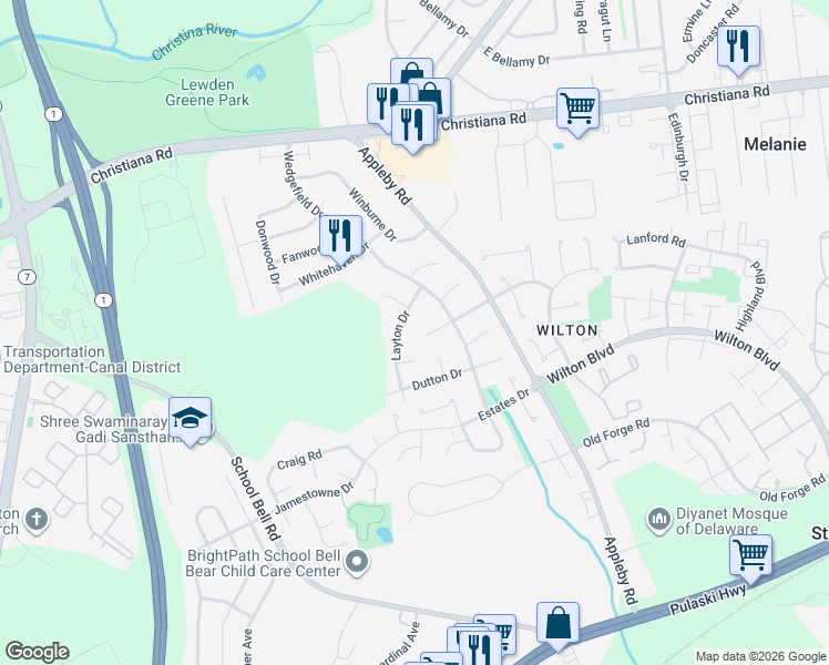 map of restaurants, bars, coffee shops, grocery stores, and more near 102 Griffith Court in New Castle