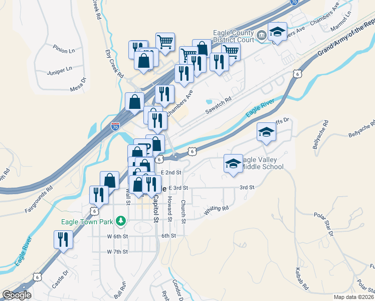 map of restaurants, bars, coffee shops, grocery stores, and more near 17645 U.S. 6 in Eagle
