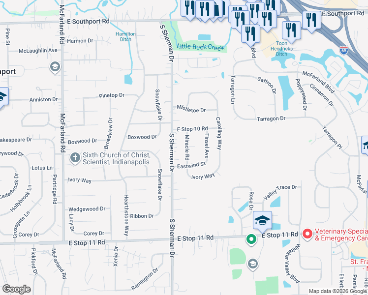 map of restaurants, bars, coffee shops, grocery stores, and more near 7535 Miracle Road in Indianapolis