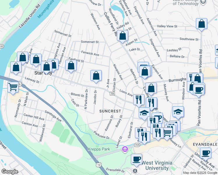 map of restaurants, bars, coffee shops, grocery stores, and more near in Morgantown