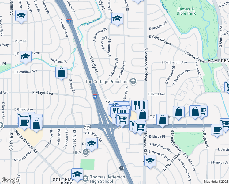 map of restaurants, bars, coffee shops, grocery stores, and more near 3272 South Leyden Street in Denver