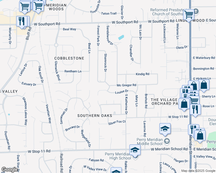 map of restaurants, bars, coffee shops, grocery stores, and more near 750 Sandalwood Drive in Indianapolis