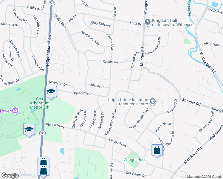 map of restaurants, bars, coffee shops, grocery stores, and more near 2401 Pinegrove Drive in West Carrollton