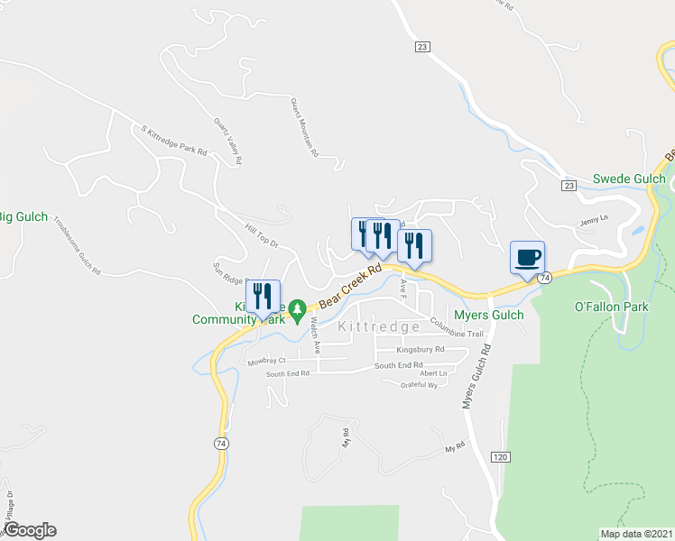 map of restaurants, bars, coffee shops, grocery stores, and more near 26351 Hill Top Drive in Evergreen