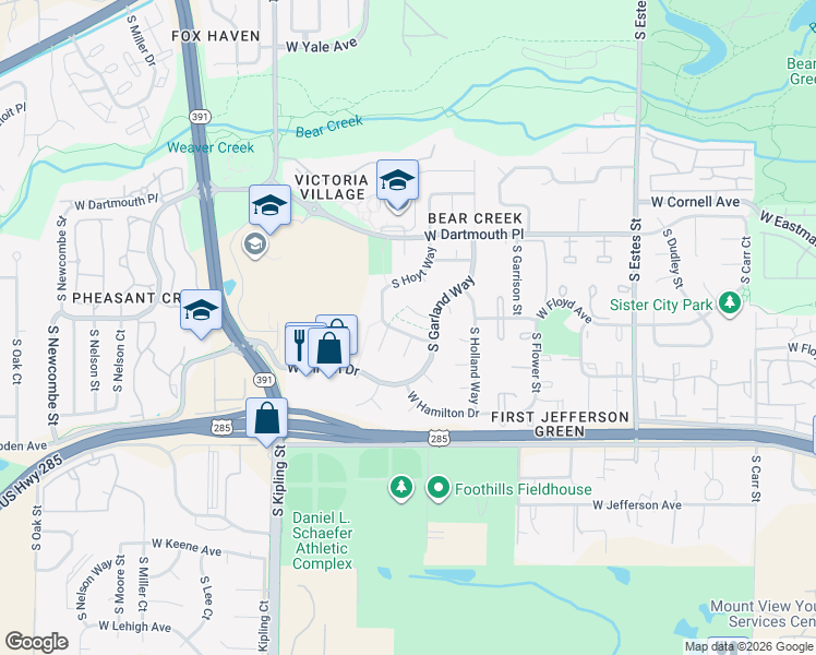 map of restaurants, bars, coffee shops, grocery stores, and more near 3270 South Hoyt Way in Lakewood
