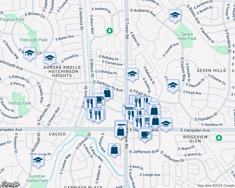 map of restaurants, bars, coffee shops, grocery stores, and more near 3238 South Yampa Way in Aurora
