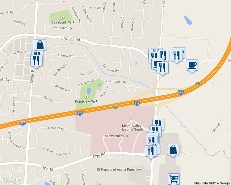 map of restaurants, bars, coffee shops, grocery stores, and more near 2524 Montbello Cir in Dayton