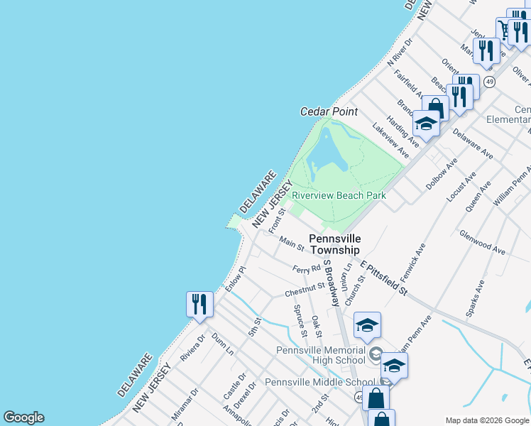 map of restaurants, bars, coffee shops, grocery stores, and more near 60 Main Street in Pennsville Township