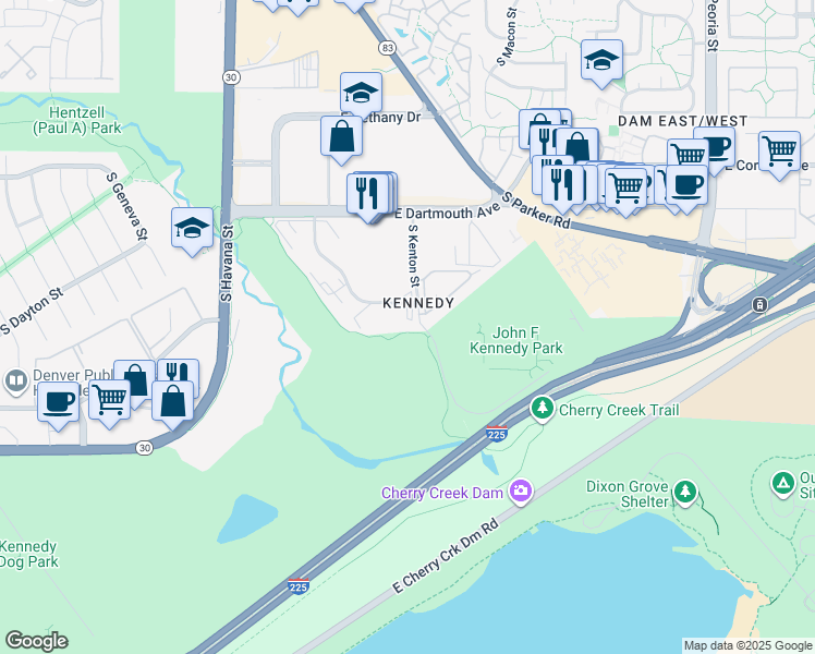 map of restaurants, bars, coffee shops, grocery stores, and more near 10700 East Dartmouth Avenue in Denver